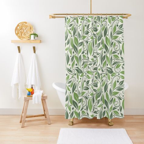 "Spring hug. Abstract green pattern with leaves. Design #161220." Shower Curtain by Annartlab | Redbubble Shower Curtain Green, Green Shower Curtain, Curtain Green, Green Shower Curtains, Garden Shower, Bath Curtain, Shower Curtain Set, Patterned Shower Curtain, Curtains For Sale