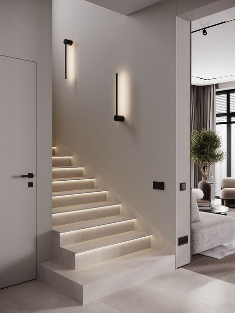 Marble Staircase Modern, Stears Design, Stairs In The Middle Of The House, Staircase Lighting Ideas Wall, Lighting On Stairs, Closed Stairs, Stairs Feature Wall, Stairs Luxury, Simple Staircase