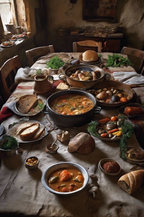 A rustic table set with various bowls of hearty soup, bread, and vegetables in a cozy kitchen. Cozy Home Cooked Meals, Swedish Comfort Food, Winter Feast Dinner Parties, Cozy Family Dinner Aesthetic, Cozy Soup Aesthetic, Cozy Romantic Aesthetic, Fall Meals For Two, Cozy Autumn Kitchen, Cozy Dinner Aesthetic