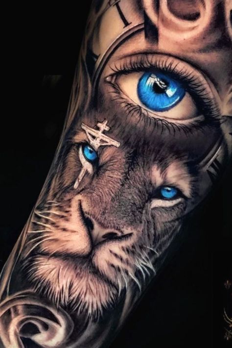 Lion Tattoos Blue Eyes #tattoosformen #sleevetattoo Lion Arm Tattoo, Tiger Eyes Tattoo, Lion Forearm Tattoos, Animal Sleeve Tattoo, Lion Tattoo Sleeves, Wolf Tattoo Sleeve, Mens Lion Tattoo, Lion Head Tattoos, Men Tattoos Arm Sleeve