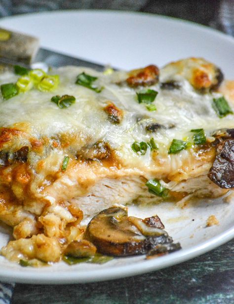 Chicken Lombardy - featuring braised chicken with Marsala wine, mozzarella, and green onions. May easily be adapted for GF & DF needs. Lombardi Chicken Recipe, Chicken Lombardi, Meat Ideas, Chicken Lombardy Recipes, Chicken Lombardy, Seared Chicken, Poultry Dishes, Mushroom Dish, Pan Seared Chicken