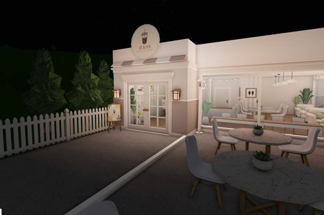 Bloxburg Coffee Shop Exterior, Bloxburg Cafe Kitchen Ideas, Cottages Bloxburg, Shop Ideas Bloxburg, Cafe Ideas Bloxburg, Bloxburg Coffee Shop, Bloxburg Cafe Interior, Bloxburg Cafe Exterior, Cafeteria Bloxburg