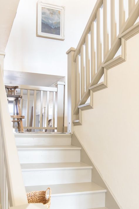 How to Paint Stairs and Railings Like a Pro with Wagner Paint Sprayers Painted Stairs And Railings, Neutral Painted Stairs, Painted Oak Railings For Stairs, Farmhouse Painted Stairs, Painted Interior Stairs, Beige Painted Stairs, How To Paint Stairs, Painted Handrails For Stairs, Hallway Monochrome