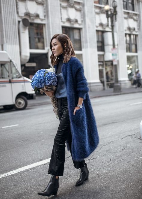 Why Navy Blue Fur Coat Outfit, Fur Cardigan Outfit, Writer Vibes, Navy Blue Pants Outfit, Cardigan Street Style, Jenny Tsang, Blue Pants Outfit, Blue Fur Coat, Knitted Coats