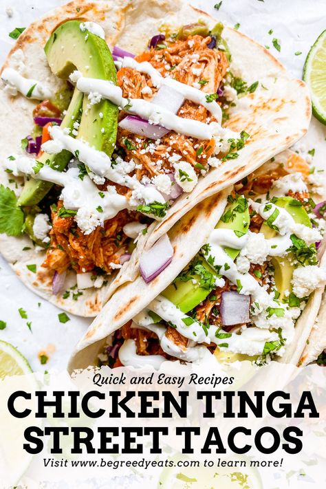 EASY Chicken Tinga Street Tacos Recipe — Be Greedy Eats | Where Food Meets Comfort Street Tacos Sauce, Chicken Taco Sauce, Street Tacos Recipe Chicken, Street Taco Sauce, Street Tacos Chicken, Chicken Tinga Tacos Recipe, Milanesa Recipe, Street Tacos Recipe, Tinga Recipe