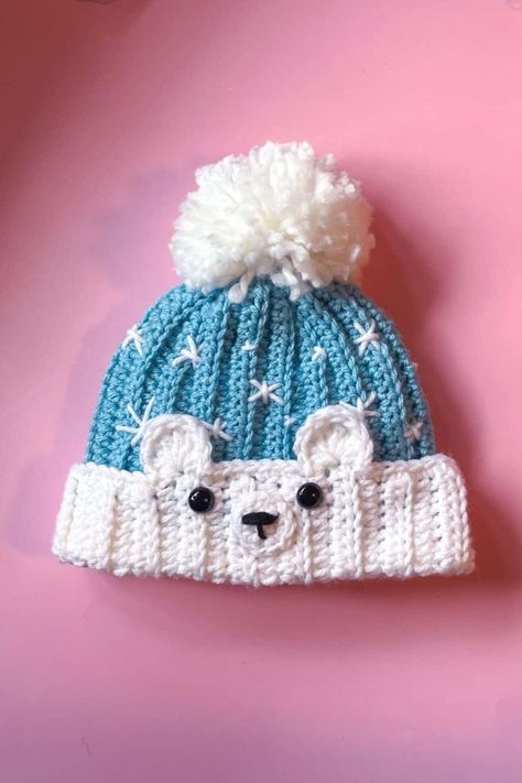 Crochet Polar Bear Hat Pattern - thecaffeinatedsnail.com Crochet Polar Bear Applique, Polar Bear Crochet Pattern, Polar Bear Crochet, Crochet Polar Bear, Polar Bear Hat, Bear Hat Pattern, Crochet Bear Hat, Bear Crochet Pattern, Hats Crochet