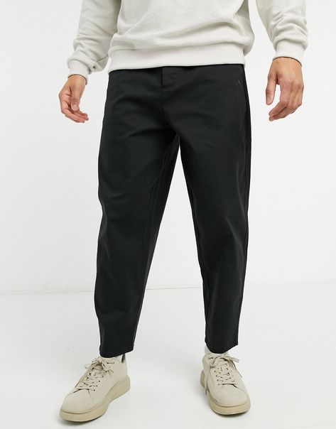 ASOS DESIGN oversized tapered chinos in black | ASOS Black Trouser Outfit, Chinos Men Outfit, Tapered Chinos, Pants Outfit Men, Black Chinos, Mens Trendy Outfits, Mens Chinos, Streetwear Men Outfits, Plain Design