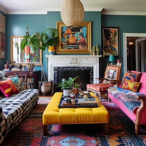 5+ Top Tips for Designing a Vibrant, Colorful Living Room • 333+ Inspiring Lifestyle Ideas Vintage Eclectic Living Room, Eclectic Interior Design Vintage, Eclectic Vintage Decor, Maximalist Living Room, Modern Maximalist, Moody Living Room, Dark Blue Living Room, Vibrant Living Room, Dark Living Rooms