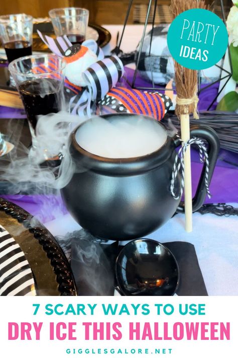 Cauldron with Dry Ice. With Text Reading: 7 Spooky Ideas for Using Dry Ice this Halloween. Dry Ice Halloween, Kid Friendly Party, Spooky Ideas, Creative Party Ideas, Witch's Brew, Dry Ice, School Teacher Gifts, Witches Brew, Ideas Halloween