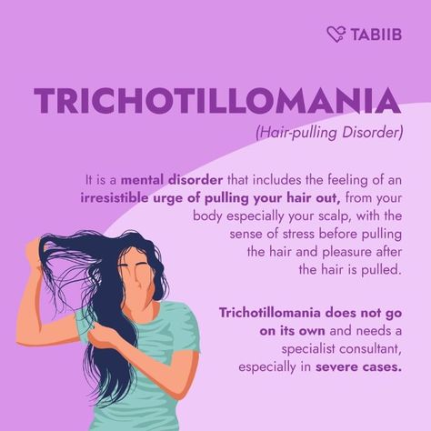 Trichotillomania (hair-pulling disorder)

It is a mental disorder that includes the feeling of an irresistible urge of pulling your hair out.

#trichotillomaniaawareness #trichotillomaniasupport #trichotillomaniarecovery #trichotillomania #healthylifestyle #health #mentalhealth #mentalhealthawareness #mentalillness #hair #disorder #tabiib #tabiibhealth #awareness How To Stop Trichotillomania, Trichotillomania Tips, Hair Pulling Disorder, Trichotillomania Quotes, Trichotillomania Art, Trichotillomania Hairstyles, Future Therapist, Butterfly Project, Mental Disorder