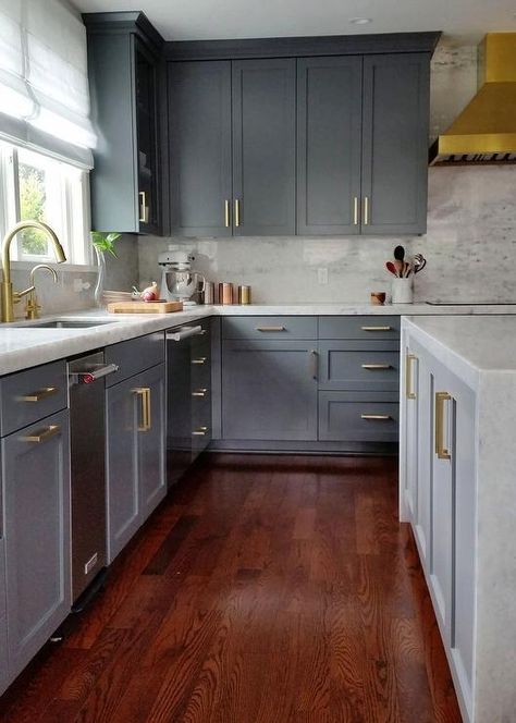 Dark Gray Kitchen Cabinets with Brass Pulls - Contemporary - Kitchen Brown Shaker Kitchen Cabinets, Kitchen With Gold Accents, Oak Floor Kitchen, White Roman Shades, Dark Gray Kitchen, Gray Shaker Cabinets, Dark Grey Kitchen Cabinets, Dark Gray Kitchen Cabinets, Gray Kitchen Cabinets