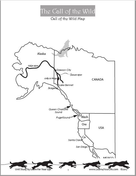 The Call of the Wild Map traces Buck's journey from his home in California, up the west coast, to the Yukon, and into the wilds of Canada. Call Of The Wild Activities, Literature Unit Studies, Lapbook Ideas, Novel Activities, Homeschool Hacks, Dog Sled, Wild Book, Middle School Lesson Plans, The Call Of The Wild