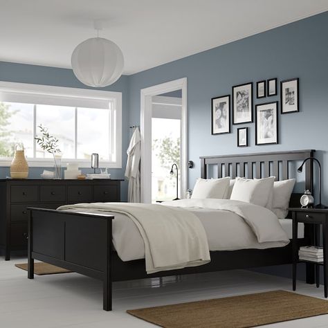 Blue Walls Black Furniture Bedroom, Blue Bedroom With Black Furniture, Bedroom Color With Black Furniture, Hemnes Black Brown Bedroom, Blue Bedroom Black Furniture, Bedding Ideas Black Headboard, Dark Bedroom Furniture Light Walls, Black Bedroom Furniture Colour Schemes, Black Headboard Bedroom Color Schemes