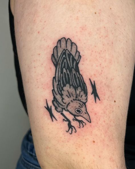 Abby! | Flash rework crow 🐦‍⬛ for Laine :) thank you v much! . . . . #torontotattoo #torontotattooartist #qttr | Instagram Cool Masculine Tattoos, Crows Tattoo Arm, Mole Animal Tattoo, Simple Cover Up Tattoos Men, Woodcut Crow Tattoo, Useful Tattoos Ideas, Crow Tattoo Linework, Crow Leg Tattoo, Creepy Animal Tattoos