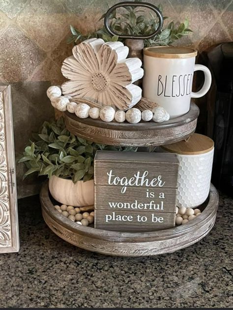 How To Decorate A Two Tier Tray, Corner Countertop Decor, Tray Centerpiece Ideas, Two Tier Tray Decor, Round Tray Decor, Wood Tray Centerpiece, 2 Tier Tray Decor, Dining Table Decor Centerpiece, Kitchen Tray Decor