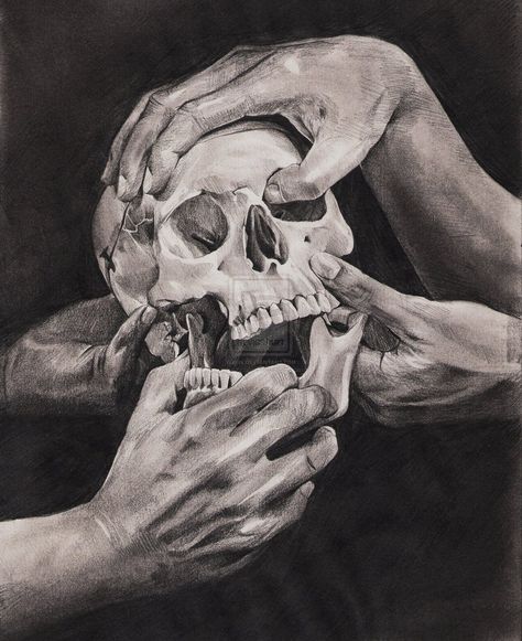 Hands and Skull Decay Art, Skull Reference, Collage Pieces, Gcse Art Sketchbook, Skulls Drawing, Skull Painting, Skull Drawing, Ap Art, Creepy Art