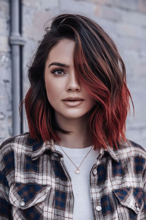 Hidden Hair Color, Burgundy Highlights, Fall Hair Color Ideas, Short Ombre Hair, Square Face Hairstyles, Dark Brunette, Fall Hair Color For Brunettes, Fall Hair Trends, City Background