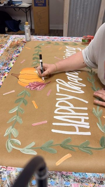 Kaligraphy - Lettering + Design on Instagram: "Thanksgiving banner preorder is now live! I’ve linked it on our stories 🥳" Thanksgiving Hand Lettering, Chalkboard Thanksgiving Art, Happy Friendsgiving Banner, Thanksgiving Brown Paper Banner, Friendsgiving Brown Paper Banner, Thanksgiving Butcher Paper Sign, Happy Thanksgiving Calligraphy, Diy Friendsgiving Decor, Thanksgiving Banner Ideas