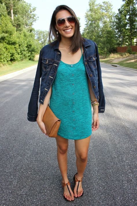 Shop this look on Lookastic: http://lookastic.com/women/looks/tank-dress-denim-jacket-clutch-sunglasses-thong-sandals-watch/2849 — Teal Tank Dress — Navy Denim Jacket — Tan Leather Clutch — Black Sunglasses — Black Leather Thong Sandals — Gold Watch Teal Sandals Outfit, Thong Sandals Outfit, Teal Sandals, Women Looks, Girl Sunglasses, Navy Denim Jacket, Casual Chic Spring, Girl Vibe, Denim Capri