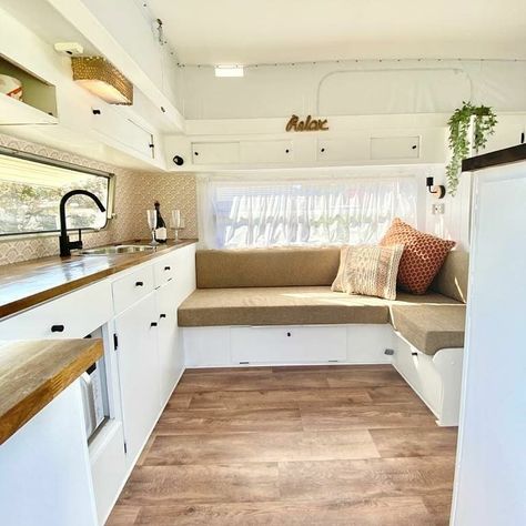 Boho caravan renovation - spaceline - caravan interior inspiration Caravan Couch Ideas, Open Plan Caravan, Rustic Caravan Interior, Grey Caravan Interior, Family Caravan Layout, Caravan Makeover Boho, Old Caravan Makeover Inside, Caravan Renovation Ideas Layout, Viscount Caravan Renovation