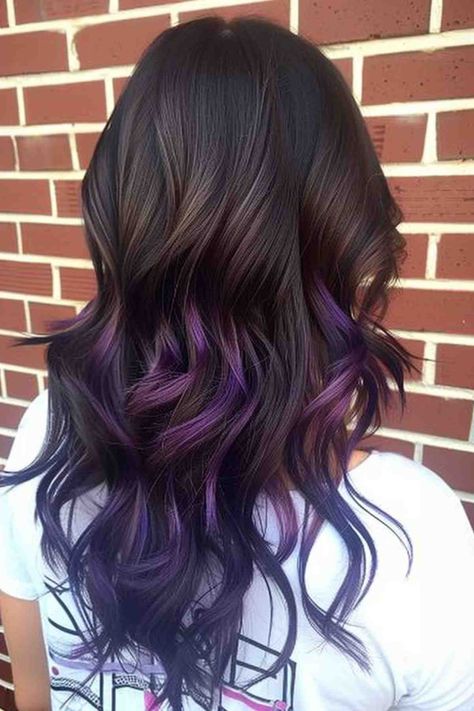 Brown Hair With Purple Underneath, Hair With Purple Underneath, Brown To Purple Ombre, Purple Ombre Hair Color, Brown And Purple Hair, Brown Hair With Purple, Hair Color Ideas For 2023, Purple Hair Color Ombre, Hair With Purple