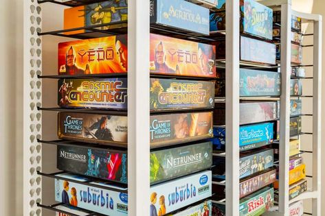 Boardgame Storage, Board Game Shelf, Game Shelf, Board Game Room, Games Room Inspiration, Board Game Cafe, Basement Games, Board Games Diy, Board Game Storage