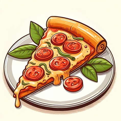 Food Dishes Drawing, Cartoon Pizza Drawing, Food Art Drawing Illustration, Drawings Of Food, Cute Food Illustration, Pasta Drawing, Pizza Character, Eating Illustration, Pizza Drawing