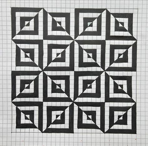 Easy Art Black And White Pixel Art Grid, 3d Illusion Art, Optical Illusions Drawings, Geometric Shapes Drawing, Optical Illusion Quilts, Optical Illusion Drawing, Graph Paper Designs, Illusion Drawings, Dancing Drawings