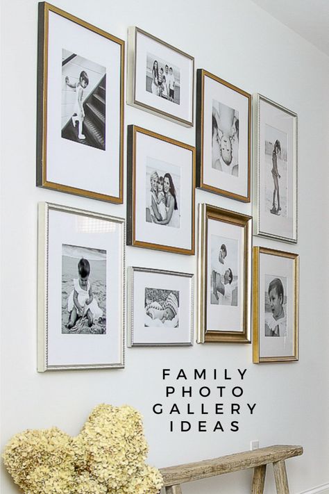 photo gallery wall with black and white family photos Photo Wall With Large Center Photo, Dining Room Decor Photo Wall, Home Decor Ideas Living Room Wall Family Photos, Accent Picture Frame Wall, How Display Family Photos, Modern Gallery Wall Dining Room, Classy Gallery Wall Ideas, How To Display Family Photos On Wall Above Couch, Wall Of Wedding Photos