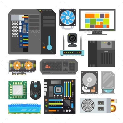 Modern flat icons set. PC components. Computer store. Assembling a Desktop Computer. What Is Computer, Computer Vector, Central Processing Unit, Random Access Memory, Visiting Card Design, Flat Icons Set, Gadgets Technology Awesome, Pc Components, Computer Icon