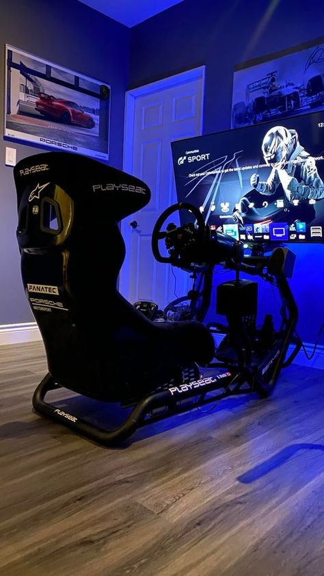 Gaming Wheel Setup, Car Gaming Setup, Racing Setup Gaming, Ps5 Setup, Racing Cockpit, Gaming Computer Room, Set Up Gamer, Monitor Setup, Small Game Rooms