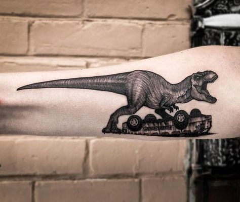 Hi there! Here’s my Rexy on explorer from that obscure movie, i tattooed a while ago in my private shop Moving Tattoo Cie in Montreal , more of my work on insta @tom.chili.pepper - TattooArt Jurassic Park Sleeve Tattoo, T Rex Tattoo Design, Jurassic Park Tattoo Ideas, Jurassic Tattoo, Jurassic Park Tattoos, Jurrasic Park Tattoo, Rex Tattoo, Jurassic Park Tattoo, T Rex Tattoo