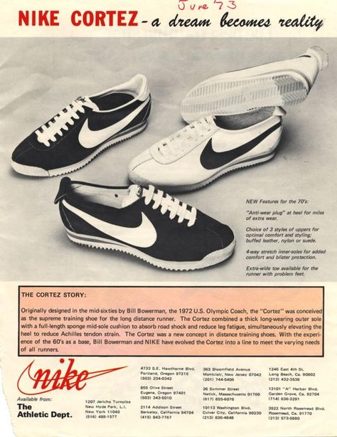 Nike Cortez advertisement (June 1973) : Nike Inc., The Athletic Dept. : Free Download, Borrow, and Streaming : Internet Archive Nike Cortez Shoes, Cortez Shoes, Nike Poster, Sneakers Drawing, Nike Ad, Estilo Cholo, Sneaker Trend, Shoes Sneakers Jordans, Sneaker Art