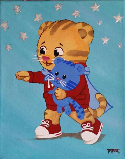 Daniel Tiger acrylic. TanyaTeeArt Daniel Tiger Wallpaper, Dream Tiger Art, Cartoon Tiger Painting, Daniel Tiger Family, Baby Tiger Art, Banana Swirl Daniel Tiger, Daniel The Tiger, Daniel Tiger's Neighborhood, Tiger Canvas