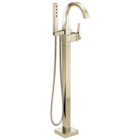 Delta T4746-PNFL Brilliance Polished Nickel Trillian Floor Mounted Tub Filler with Built-In Diverter - Includes Hand Shower Floor Mount Tub Filler, Freestanding Bathtub Faucet, Freestanding Tub Faucet, Tub Cleaner, Shower Faucet Sets, Hard Water Stains, Freestanding Bathtub, Delta Faucets, Tub Spout