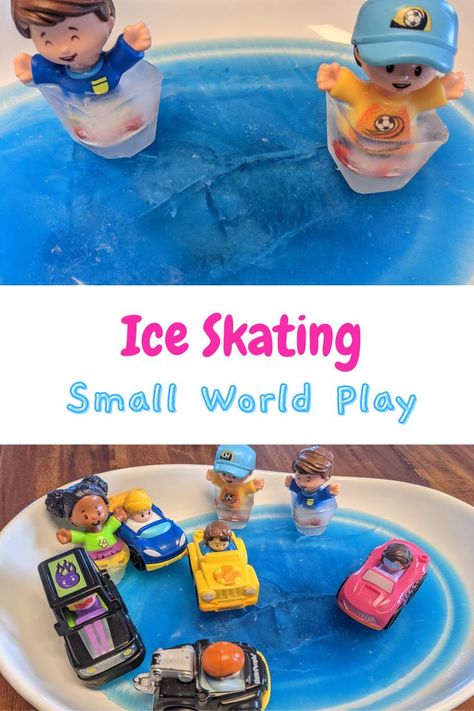 Ice And Water Sensory Bin, Winter Sport Crafts For Toddlers, Snow And Ice Sensory Bin, Ice Skate Craft For Toddlers, Ice Theme For Preschool, Ice Skating Preschool Activities, Sensory Sports Activities, Winter Open Ended Art Preschool, Sport Sensory Bin