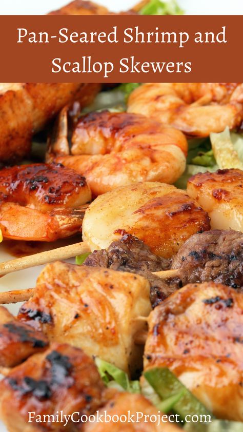 This recipe for Pan-Seared Shrimp and Scallop Skewers, by Carl Morehart, is from Carl's Cookbook, one of the cookbooks created at FamilyCookbookProject.com. We'll help you start your own personal cookbook! It's easy and fun. Scallop Skewers, Scallop And Shrimp Recipes, Carrabas Shrimp And Scallops, Grilled Scallops Skewers, Grilled Shrimp And Scallops Kabobs, Bbq Scallops, Searing Scallops, Scallop Appetizer, Scallop Dishes