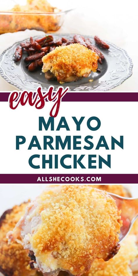 This Mayo Parmesan Chicken makes for a quick and easy weeknight dinner that the whole family will love! Tender chicken thighs are tossed in a creamy, cheesy sauce and topped with crunchy breadcrumbs. Yum! Chicken Thigh Parmesan Recipe, Mayo Parmesan Chicken, Breaded Chicken Thighs, Baked Bone In Chicken, Chicken Thighs In Oven, Mayonnaise Chicken, Baked Boneless Chicken Thighs, Keto Chicken Thighs, Bread Crumb Chicken