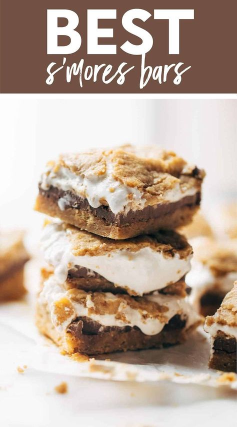 Best S'mores Bars! These really are the BEST S'mores Bars! Chocolate, peanut butter, and marshmallow sandwiched between two layers of a graham cookie crust. Everyone's favorite summer snack (S'MORES, please!) in dessert bar form! #smoresbars #dessert #smores Smores Cookies Bars, Peanut Butter Smores, Smores Cookie, S Mores Bars, Graham Cracker Cookies, Peanut Butter Marshmallow, Pinch Of Yum, Bars Chocolate, Cookie Base