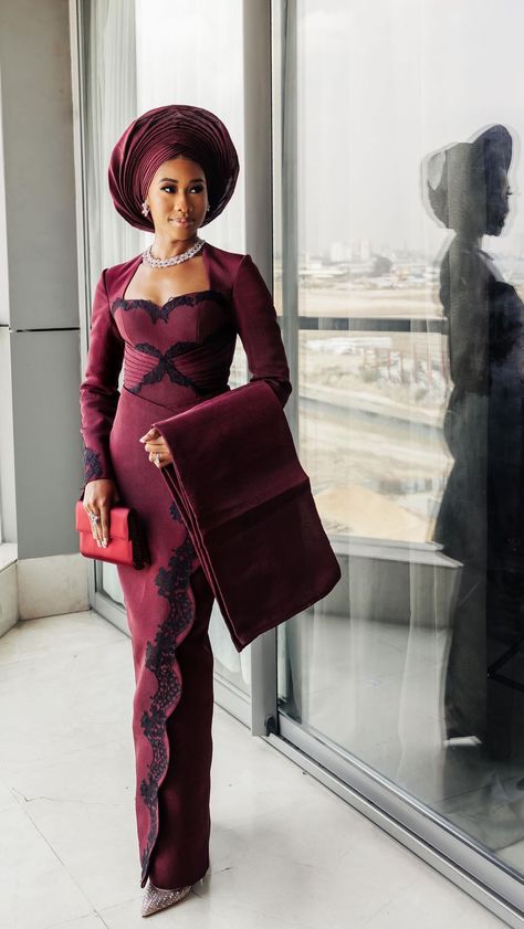 Nigerian Women Wedding Dresses, Purple Asooke For Couple, Yoruba Asoebi Styles, Yoruba Traditional Attire For Women, Nikkah Outfit Nigeria, Burgundy Aso Oke, Nigerian Clothes Women, Nigerian Wedding Colour Ideas, Nigerian Traditional Attire For Women