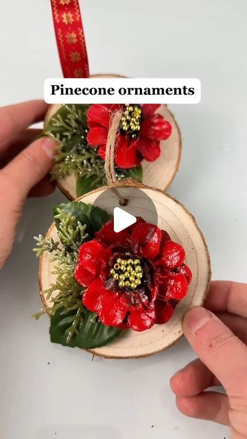 Emily Seilhamer on Instagram: "How to make Christmas pinecone flower ornaments! �🎨🎄 #artsandcrafts #christmascrafts #diyideas #crafting #easycrafts" Pine Cone Hanging Decorations, Diy Pinecone Christmas Ornaments, Pinecone Angel Ornaments Diy, How To Cut Pinecones For Flowers, Pinecone Birds, Pinecone Ornaments Diy, Diy Pinecone Ornaments, Christmas Pinecone Crafts, Pine Cone Christmas Ornaments