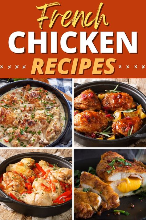 They may look elegant, but these 13 French chicken recipes are deliciously simple. They're ideal for a fancy family feast or a romantic dinner for two. French Recipes Dinner, French Chicken Dishes, Chicken Dinner Party Recipes, Chicken Dinner For Two, French Chicken Recipes, French Recipes Authentic, Lemon Garlic Chicken Thighs, French Cooking Recipes, French Chicken