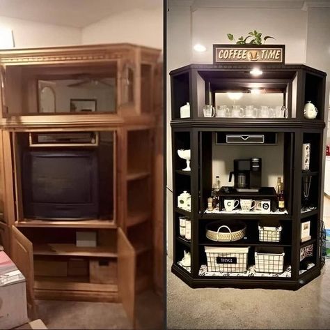 Entertainment Center Turned Coffee Bar, Entertainment Center Into Coffee Bar, Corner Entertainment Center Repurpose, Portable Bar Ideas, Beverage Cabinet, Armoire Coffee Bar, Antique Furniture Makeover, Diy Coffee Station, Moms Kitchen