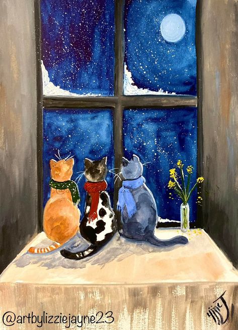 Mountain Artwork, Cat Art Illustration, Winter Cat, Lots Of Cats, Cat Crafts, Window Art, Naive Art, Cat Painting, Marmalade