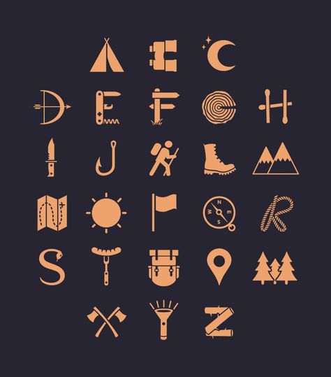 Interesting Shapes Design, Outdoor Symbols, Unique Fonts Alphabet, Camping Alphabet, Science Alphabet, Interesting Fonts, Adventure Font, Decorative Alphabet Letters, Alphabet Wall Decor