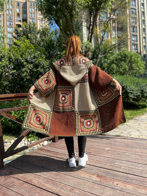 Granny Square Coat, Oversize Cardigan, Sweater For Women, Crochet Jacket, Hippie Cardigan, Knit Loose Coat, Long Wool Cardigan, Patchwork Cardigan, Colorful Cardigan, Hooded Boho Coat, Gift For Her, Summer Jacket, Chunky Cardigan It is a very stylish and great product for daily use. Also a great gift for your friends.🎁 📐Great fit for all body types and size. 📏Size of the cardigan in the photo: US size : 2-4-6-8-10-12-14-16-18 (S-M-L-XL-2XL-3XL)!  📏The length of the cardigan in the photo is 1 Granny Square Coat, Womens Cardigans, Hippie Cardigan, Cardigan Colorful, Colorful Cardigan, Crochet Jacket Pattern, Oversize Cardigan, Granny Square Sweater, Boho Coat