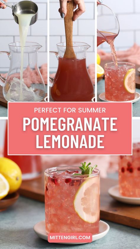 This easy, homemade pomegranate lemonade is a refreshing combination of tangy lemon and sweet pomegranate flavors, creating a refreshing drink that is perfect for any occasion. Make a pitcher for your next backyard barbecue or pool party! Pomegranate Lemonade Recipe, Pomegranate Juice Mocktail Recipe, Pomegranate Infused Water, Pomegranate Juice Recipe Drinks, Blueberry Pomegranate Lemonade, Pomegranate Drinks Non Alcoholic, Recipes With Pomegranate Juice, Pomagranet Juice, Pomegranate Tea Recipe