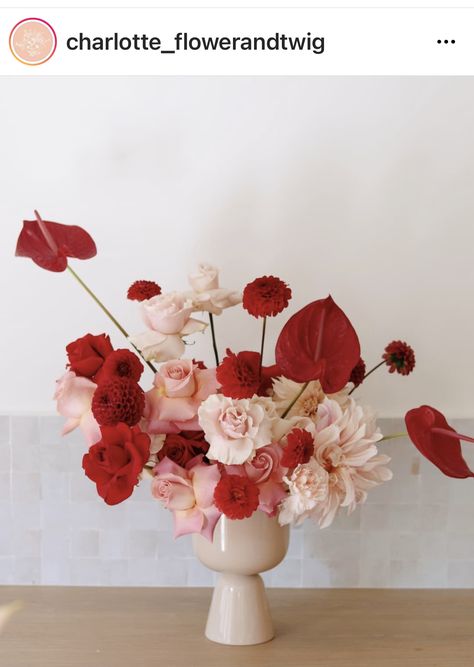 Red Pink Floral Arrangements, Untraditional Wedding Bouquet, Modern Valentines Flowers, Valentines Floral Bouquets, Red White And Pink Bouquet, Pink Red Flower Arrangement, Red Pink White Floral Arrangement, Red Flower Arrangements Table, Floral Arrangements Valentines Day