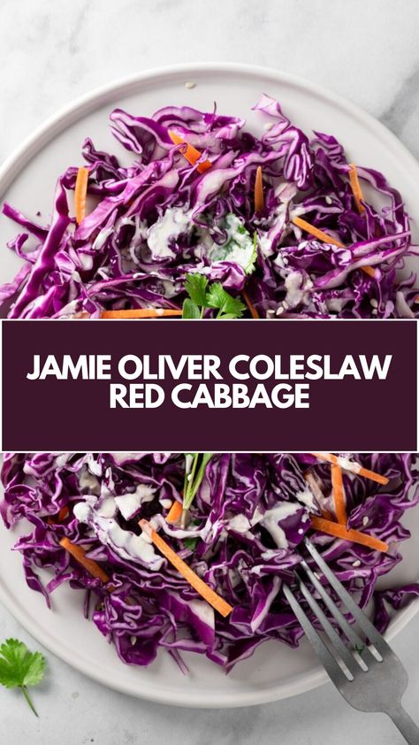 Jamie Oliver Coleslaw Red Cabbage is made with shredded red cabbage, shallot, cider vinegar, lemon juice, salt, honey, Dijon mustard, ground pepper,, carrots, and fresh parsley. This easy Coleslaw Red Cabbage recipe creates a refreshing side dish that takes about 15 minutes to prepare and can serve up to 4 people. Red Cabbage Coleslaw Recipe, Red Cabbage Recipes Salad, Red Cabbage Salad Recipes, Red Cabbage Coleslaw, Red Cabbage Recipe, Red Cabbage Recipes, Red Cabbage Salad, Easy Coleslaw, Red Cabbage Slaw