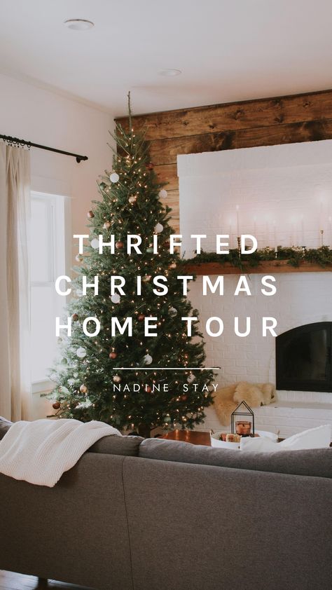 Christmas House Tours Holiday Decorating, Thrifted Christmas Decor, Thrifted Christmas Gifts, Modern Christmas Tree Ideas, Thrifted Christmas, Nadine Stay, Holiday Art Prints, Holiday Living Room, Vase With Branches